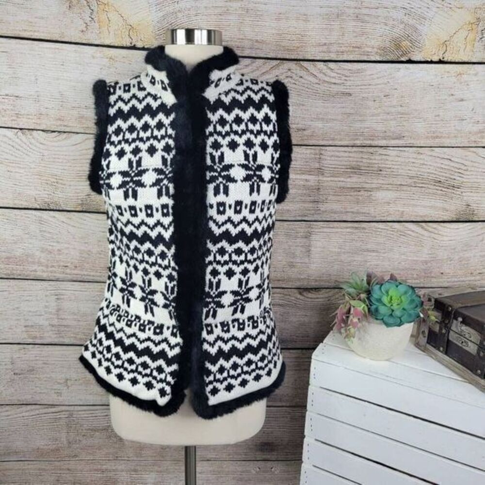 Talbots Womens XS Black White Fair Isle Faux Fur Trim Knit PrimaLoft Puffer Vest